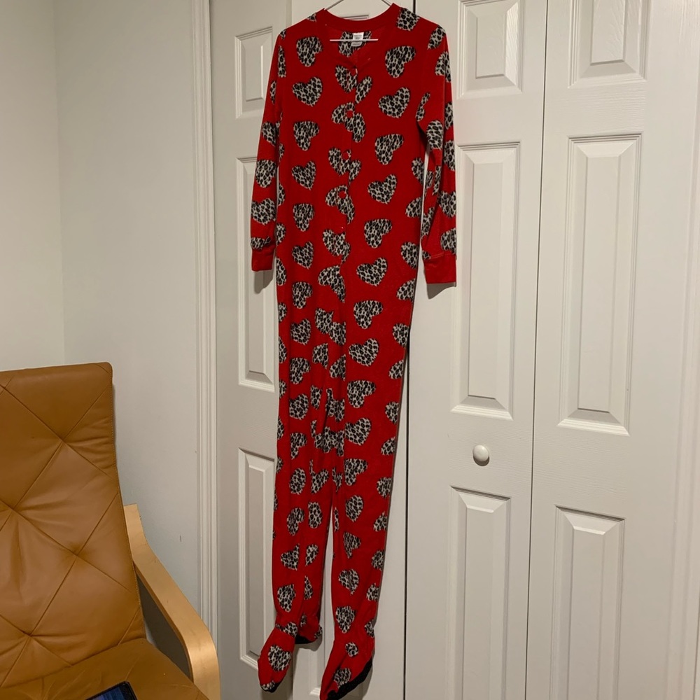 Red onesie with cheetah hearts button up footsie
